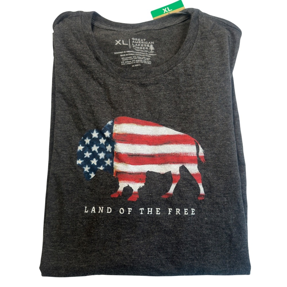 Great American Buffalo Flag Graphic Tee Land of the Free Charcoal Gray XL NWT